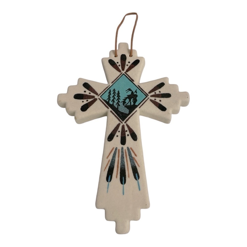 Western Navajo Indian Sand Painted Cross 9.5" - End of Trail